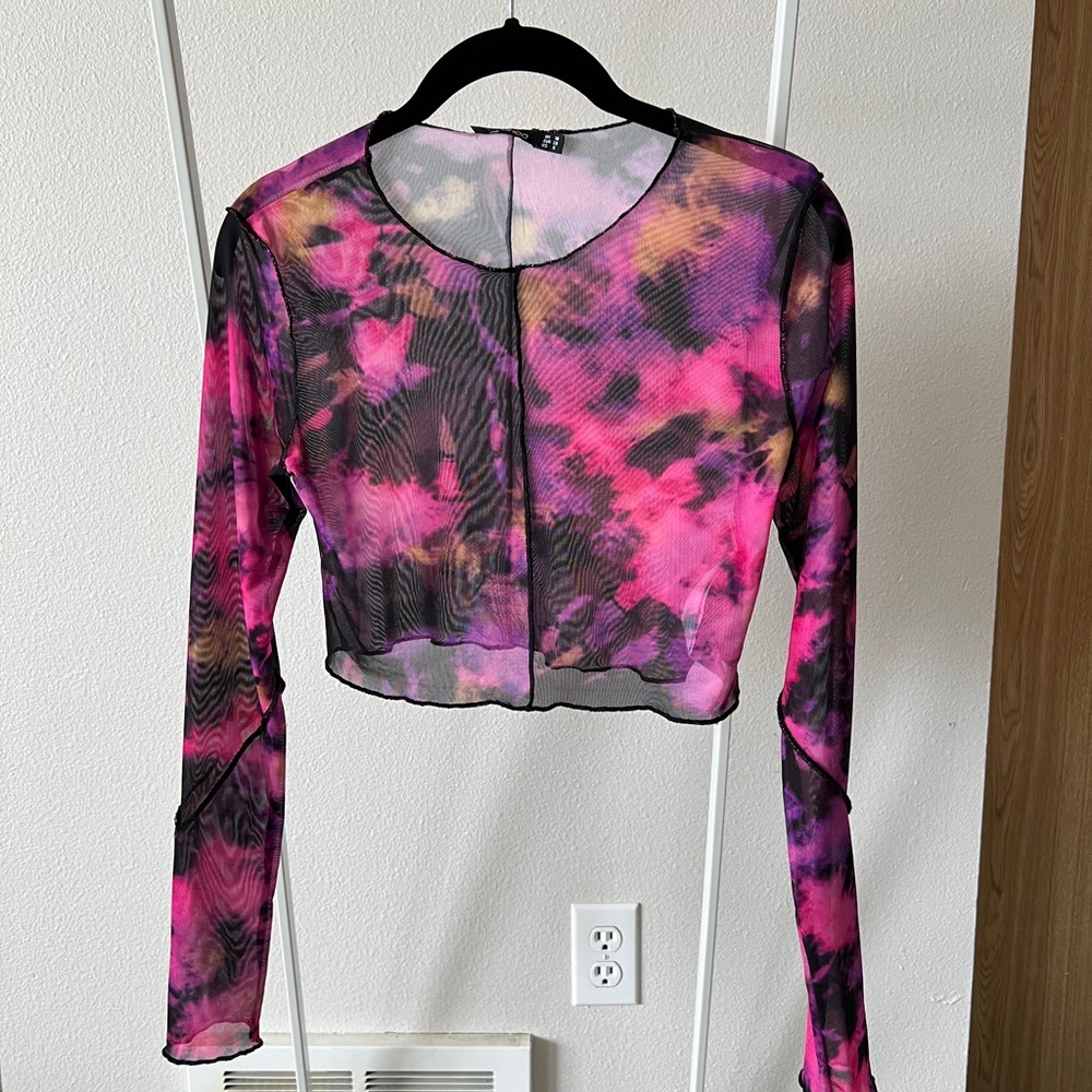 Boohoo Pink, Black & Purple Tie-Dye Sheer Mesh Crop Top